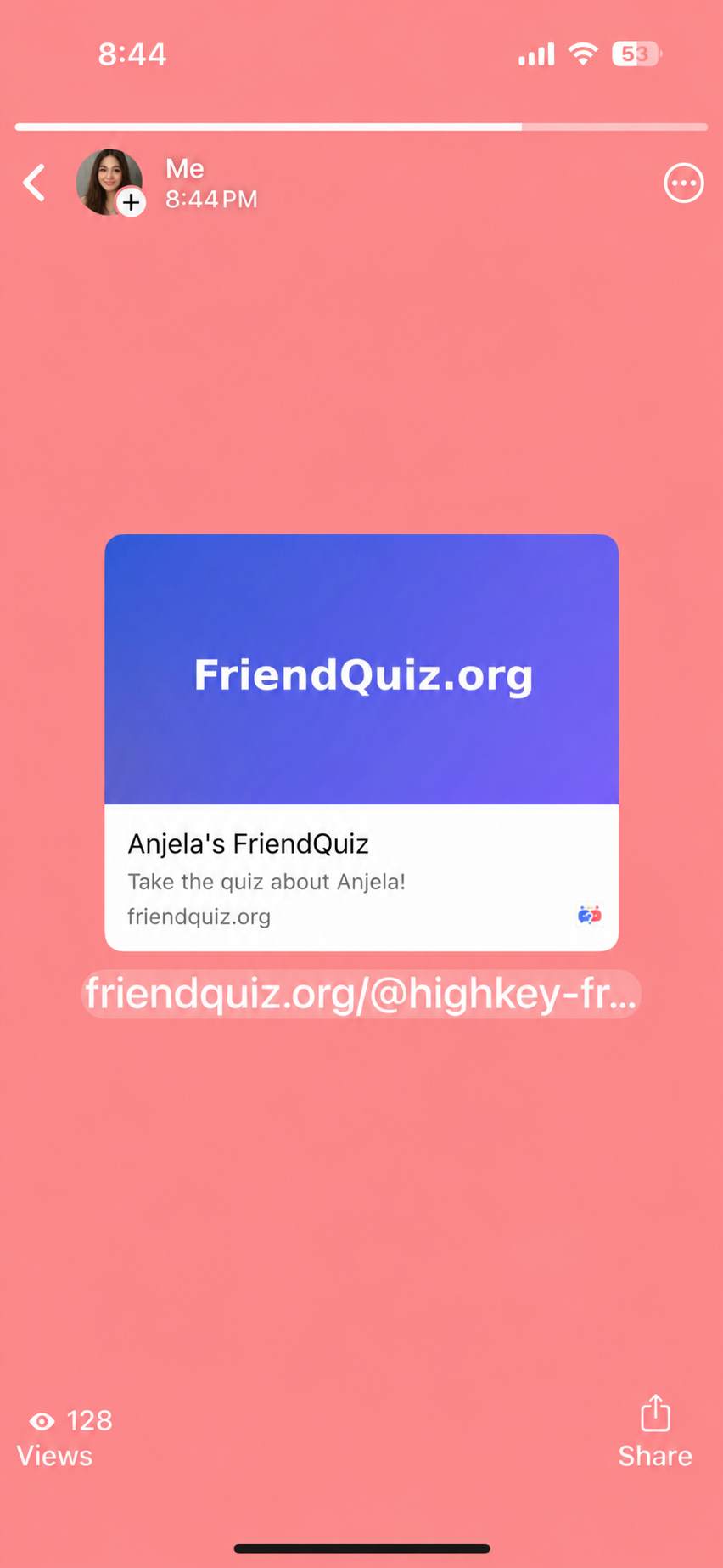Friend Quiz link on a WhatsApp status story for friends to play